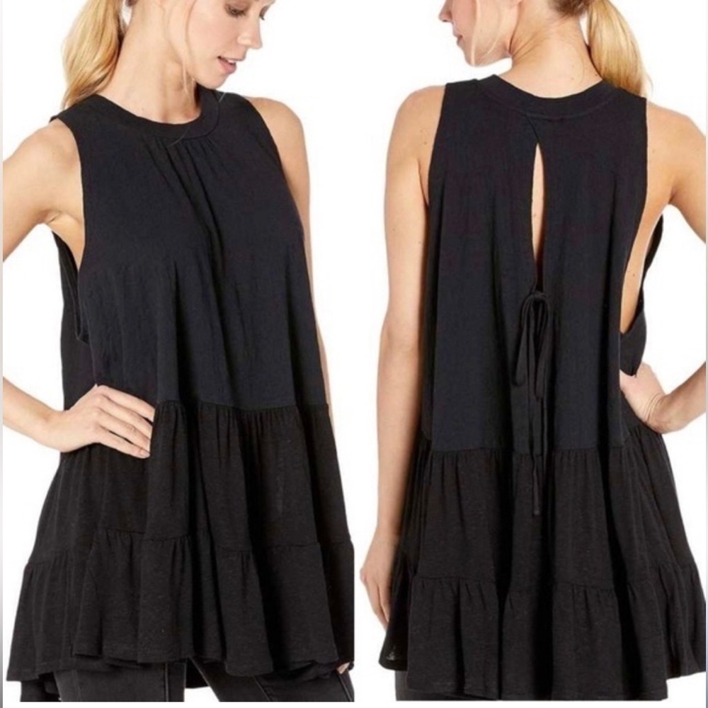 New Free People Black Back Tie Cut-Out Babydoll Tunic Top S Oversized Boho